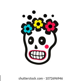 Sugar skull of pretty girl with flowers on the head. Vector illustration.