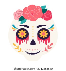 Sugar skull with roses, Sugar Head, Skull Face, Cartoon Skeleton, Dead Head and Human Skulls. Mexico. Dead head and human skulls. Halloween, Day of the Dead illustration. Flat hand drawn vector