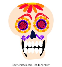 Crânio de açúcar com rosas inspiradas em Día de los Muertos. Design de vetor festivo brilhante.