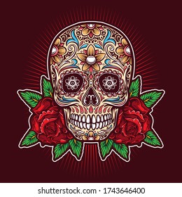 sugar skull with roses  vector logo