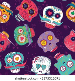 sugar skull seamless pattern decorated by design elements and colorful floral ornament. Mexican national holiday Day of the dead. Festive template for Dia de los muertos. Vector illustration
