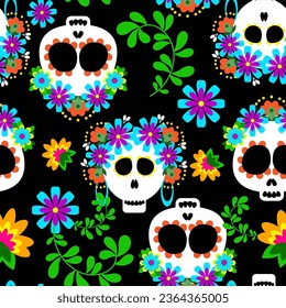 Sugar skull seamless pattern with flowers