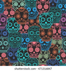 Sugar Skull Seamless Pattern. Halloween Background. Day Of The Dead Vector Illustration.