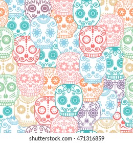 Sugar skull seamless pattern. Halloween background. Day of the dead vector illustration.