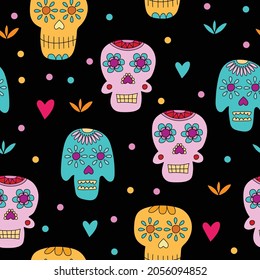 Sugar skull - seamless pattern on black. Day of the Dead concept. Design for fabric or packaging