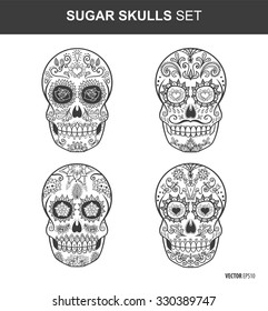 Sugar skull set. Day of the dead sugar skull vector. Mexican skull. Day of the dead skull. Dia de los muertos skull illustration. EPS10 vector illustration. Hand drawn pattern.