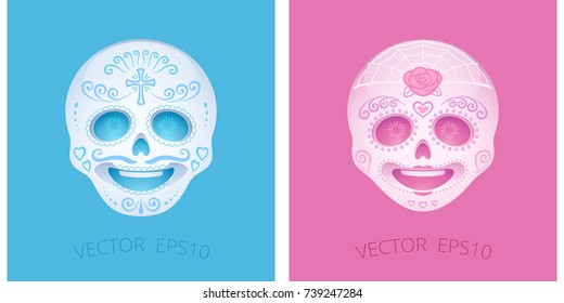 Sugar skull smileys. Cute calavera emoticons of blue male and pink female. Emoji craniums decorated with a cross, rose, floral curls. Chat icons for Mexican holiday Día de muertos (Day of the Dead).