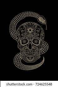 Sugar skull with snake line vintage vector illustration