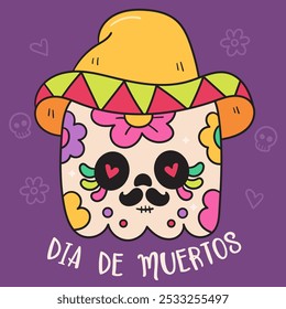 Sugar skull Square Pumpkin Halloween in dia de los Muertos Mexico style kawaii vector Day of the dead flowers. Series: Groovy Retro cartoon (trick or treaters) drawing Kids party holiday festival. 