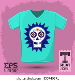 Sugar skull t-shirt print illustration, Creative cloth design template
