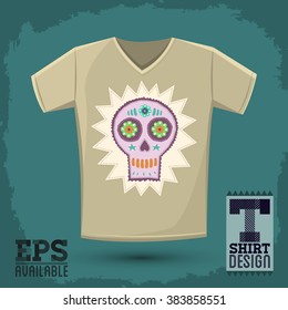 Sugar skull t-shirt print illustration, Creative cloth design template