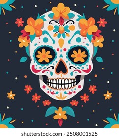 Sugar skull. Vector bright decorative illustration on dark blue background.