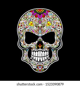 Sugar skull. Vector illustration of human skull with traditional floral ornament in Mexican style. 