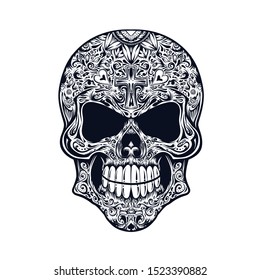 Sugar skull. Vector illustration of human skull with traditional floral ornament in Mexican style. 