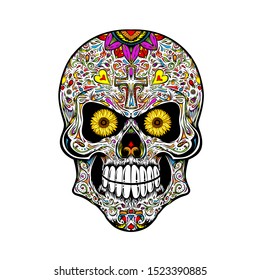 Sugar skull. Vector illustration of human skull with traditional floral ornament in Mexican style. 