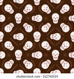 Sugar skull vector seamless background. Line art day of the dead skull seamless wallpaper. Great for kids textile, wallpaper, websites, scrapbook projects and wrapping paper.