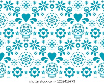 Sugar skull vector seamless pattern inspired by Mexican folk art, Dia de Los Muertos repetitive design in turquoise on white background.   
Calavera and flowers decoration - Mexico 