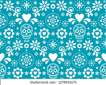 
Sugar skull vector seamless pattern inspired by Mexican folk art, Dia de Los Muertos repetitive design in white on turquoise background.   
Calavera and flowers decoration 