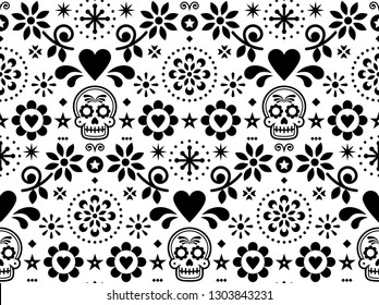 Sugar skull vector seamless pattern inspired by Mexican folk art, Dia de Los Muertos repetitive design black and white
  
Calavera and flowers decoration inspired by decor form Mexico, floral ornament