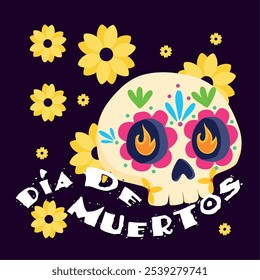 Sugar skull with vibrant floral decorations and text for Day of the Dead, Vector illustration