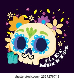 Sugar skull with vibrant floral decorations and text for Day of the Dead, Vector illustration