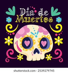 Sugar skull with vibrant floral decorations and text for Day of the Dead, Vector illustration