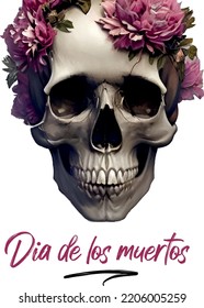 Sugar skull and watercolor pink, white and purple flowers, Day of the Dead, Calavera, Calaca Catrina, vector illustration