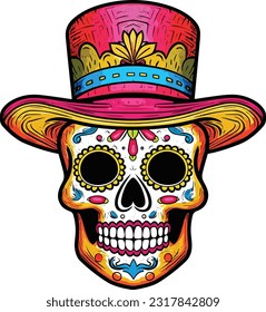 sugar skull wearing hat t-shirt design, cinco de mayo sugar skull illustration