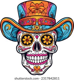 sugar skull wearing hat t-shirt design, cinco de mayo sugar skull illustration