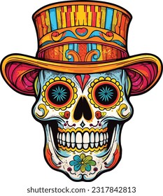 sugar skull wearing hat t-shirt design, cinco de mayo sugar skull illustration