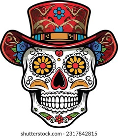 sugar skull wearing hat t-shirt design, cinco de mayo sugar skull illustration