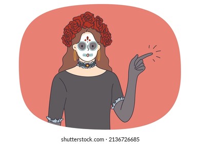 Sugar skull woman in costume point with finger recommend sale deal or offer. Female dressed for dia de los muertos carnival celebration. Day of dead feast or party. Vector illustration. 