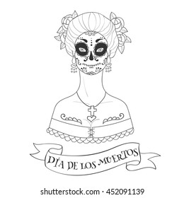 Sugar skull woman. The Day of the Dead template for poster, textile print, card
