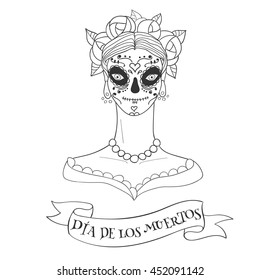 Sugar skull woman. The Day of the Dead template for poster, textile print, card