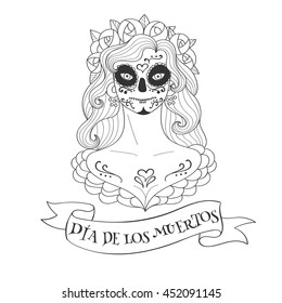 Sugar skull woman. The Day of the Dead template for poster, textile print, card