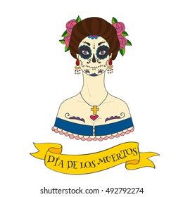 Sugar skull woman. Dia de los Muertos (the Day of the Dead) template for poster, print, card