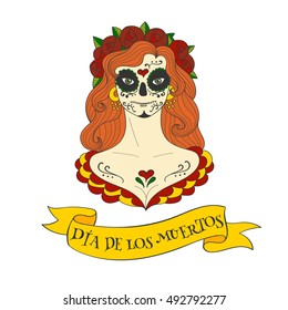 Sugar skull woman. Dia de los Muertos (the Day of the Dead) template for poster, print, card