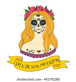 Sugar skull woman. Dia de los Muertos (the Day of the Dead) template for poster, print, card