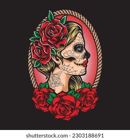 sugar skull women with red roses illustration