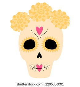 Sugar Skull with a wreath of flowers. Dia de los muertos. Mexico. Sticker. Icon. Day of the Dead