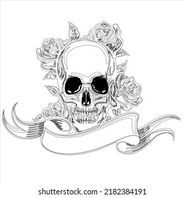 Sugar skull  wreath of red roses. Coloring pages for adult. Day of the Dead Sugar Skull in Mexico. Dia de los Muertos Mexican national holiday,