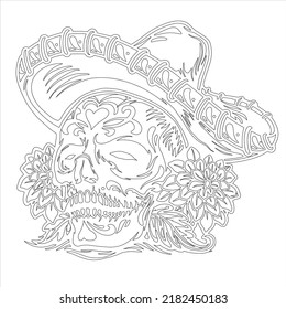 Sugar skull  wreath of red roses. Coloring pages for adult. Day of the Dead Sugar Skull in Mexico. Dia de los Muertos Mexican national holiday, Dia de muertos mexican sugar skull