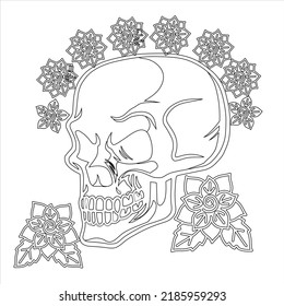 Sugar skull wreath of red roses. Coloring pages for adult. Day of the Dead Sugar Skull in Mexico. Dia de los Muertos Mexican national holiday, Dia de muertos mexican sugar skull