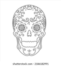 Sugar skull wreath of red roses. Coloring pages for adult. Day of the Dead Sugar Skull in Mexico. Dia de los Muertos Mexican national holiday, Dia de muertos mexican sugar skull