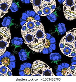 Calaveras de azúcar y flores azules. Patrón vectorial sin brillo en un fondo negro.