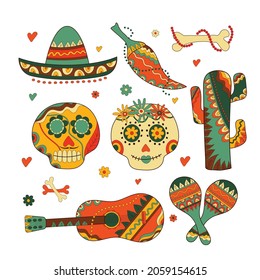 Sugar skulls, cactus, Mexican hat, pepper, bones, maracas, ukulele decorated by design elements and colorful floral ornament. Mexican national holiday Day of the dead. Festive banner templates 