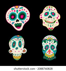 Sugar Skulls with Colorful Mexican Elements and Flowers.