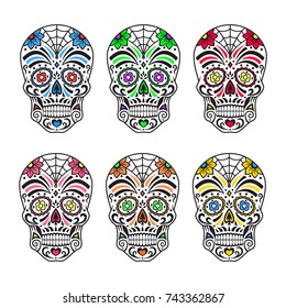 Sugar skulls. Colorful tattoos. Mexican Day of the Dead. Vector illustration.