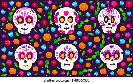 Calaveras de azúcar con flores de colores sobre fondo oscuro, cartel para el día festivo méxico dia de los muertos