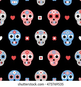 Sugar skulls cute seamless pattern. Day of dead holiday. Background, texture textile